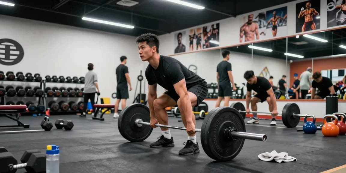 Entrenamiento en el gimnasio con Esteroidesshop, hombre levantando pesas con gran dedicación y energía.