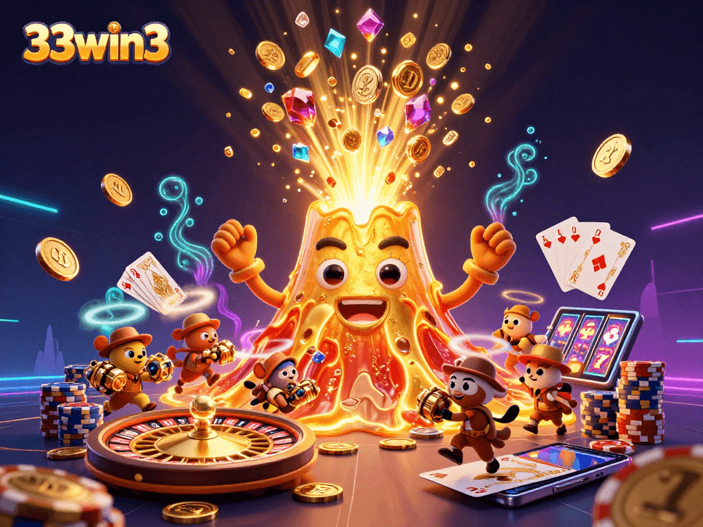 33win3 players journey through a vibrant casino scene filled with treasures and action-packed excitement.