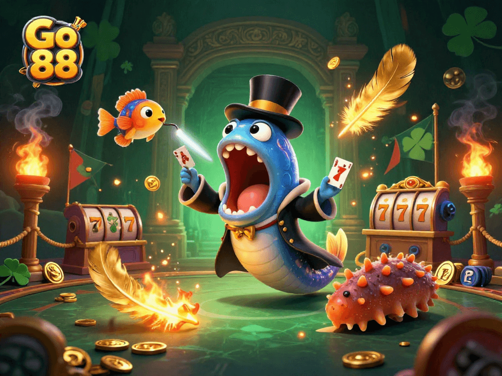 Go 88 showcases a magical casino scene with an eel performing tricks in a lively arena.