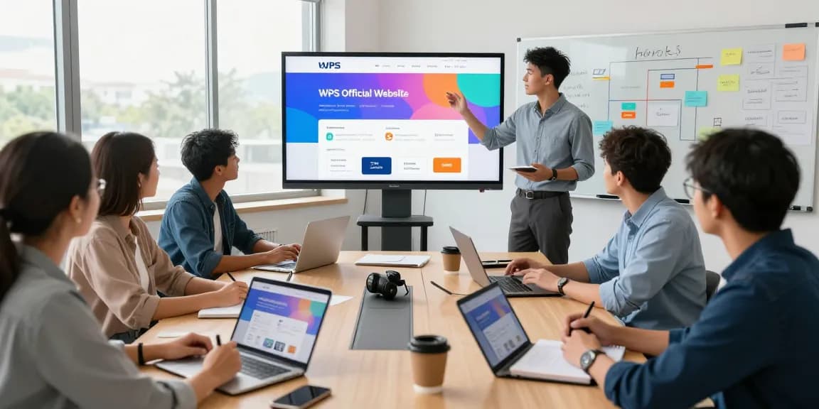 Dynamic team collaborating in a bright workspace showcasing the WPS Official Website on digital display.