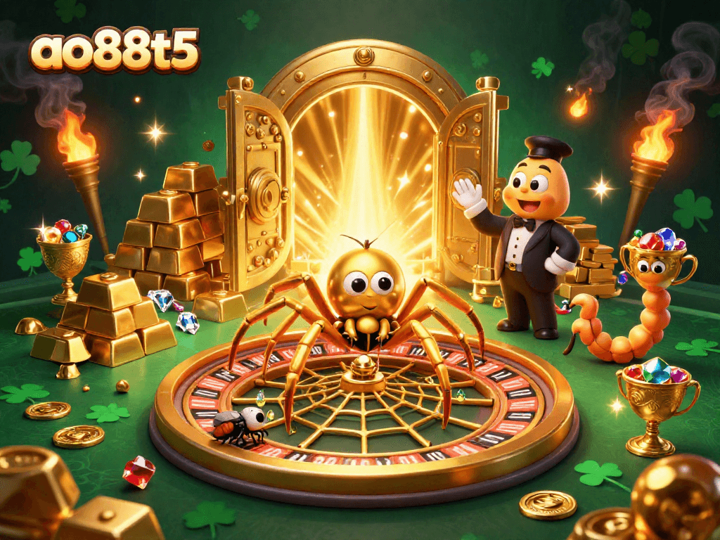 Place bets with ao88t5 at a vibrant 3D casino scene featuring a golden spider and croupier.
