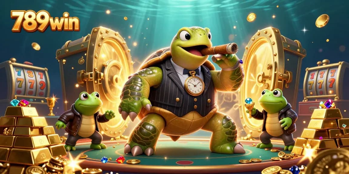 Experience thrilling slots action with 789win's vibrant casino scene featuring a cartoon turtle mobster.