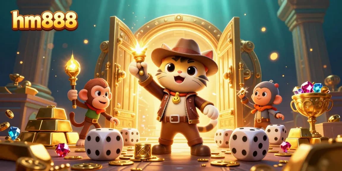 Join the adventure with hm888 as a cartoon explorer reveals treasures in a magical casino temple.