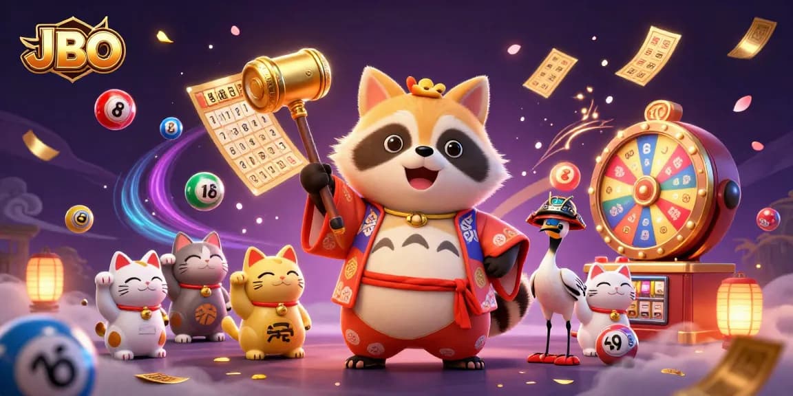 Spin the prize wheel in JBO's vibrant 3D casino scene filled with lucky cats.