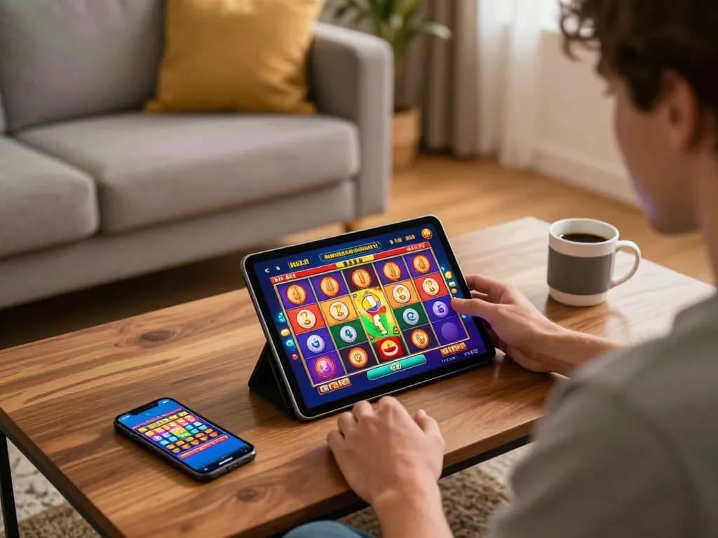 Engaging with interactive slots on 88bet app in a cozy home setting, showcasing casual gaming experience.