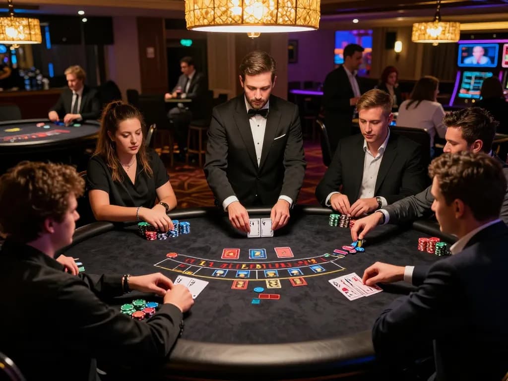 Engaged players at LLWIN's live dealer blackjack table strategizing for big wins in an upscale casino atmosphere.