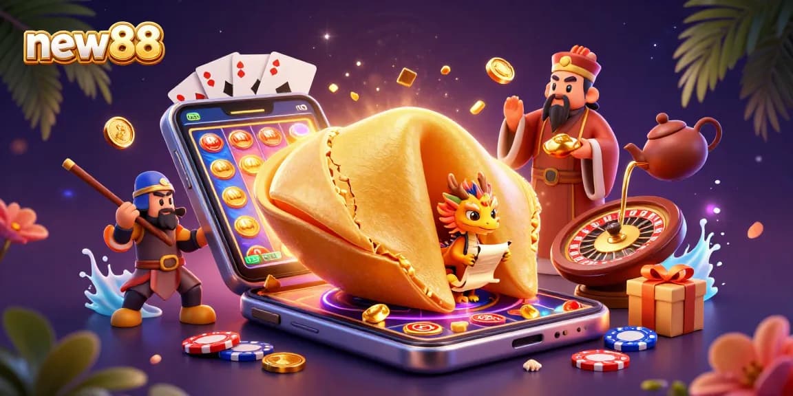 Experience new88's exciting casino adventure with a golden fortune cookie and lively game elements.