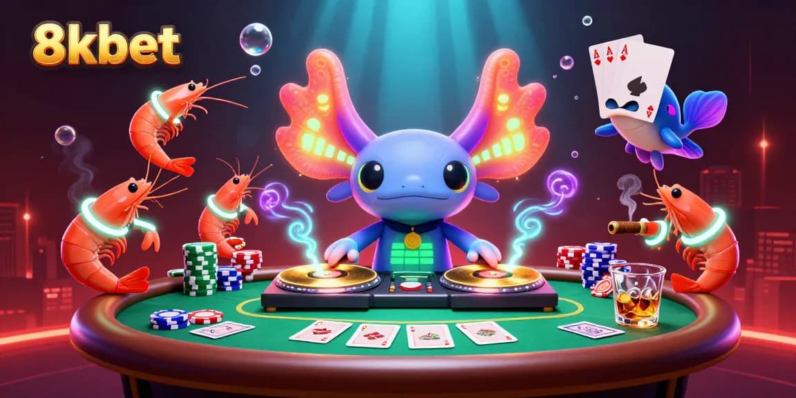 Experience thrilling gameplay with 8xbet's vibrant cartoon scene featuring an axolotl DJ and poker elements.