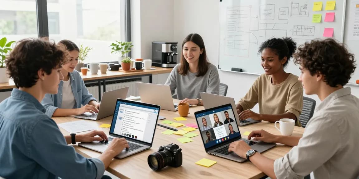 Group of professionals utilizing Telegram网页版 for remote collaboration in a bright workspace.