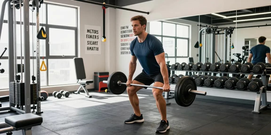 Entrenador en Esteroidesshop levantando pesas en gimnasio moderno, motivación y fuerza.