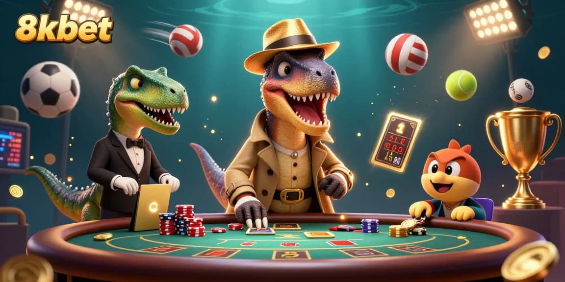 Bet on 8xbet with a cartoon velociraptor counter at a blackjack table amidst thrilling gaming elements.