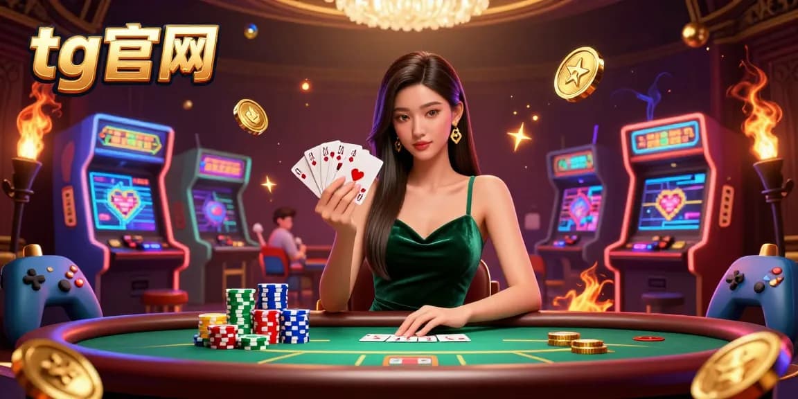 在tg官网与一位美丽的亚洲女性一起玩扑克，周围环绕着充满活力的赌场元素。