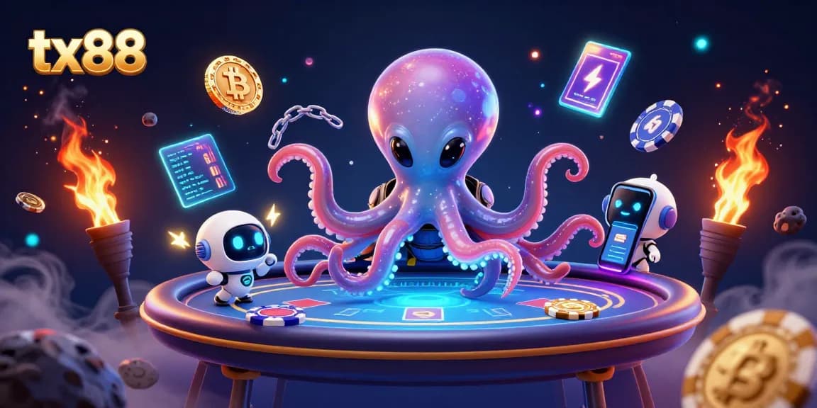 Engage with tx88 at a digital casino featuring a vibrant alien octopus playing holographic poker.