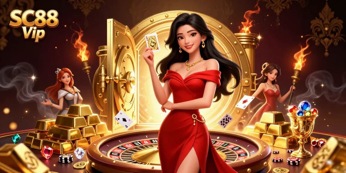 Experience thrilling gameplay at SC88 Vip with a photorealistic woman playing cards near a golden roulette wheel.