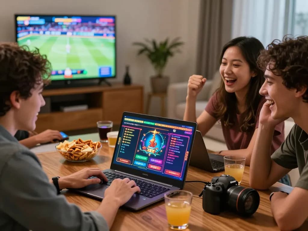 Engaged friends enjoying online gaming experience at https://rr88c.mobi/ with vibrant atmosphere and colorful visuals.