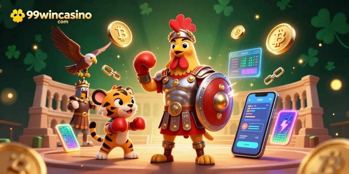 Engage with thrilling games at 99wincasino com featuring a gladiator rooster and dynamic casino elements.