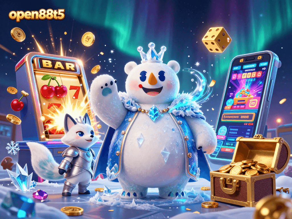 Spin the reels at open88t5 with a polar bear king and fox companion, Jackpot excitement!