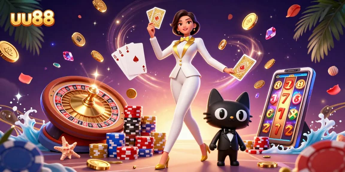 Experience thrilling wins at uu88, featuring a glamorous dealer with cards and dynamic casino elements.
