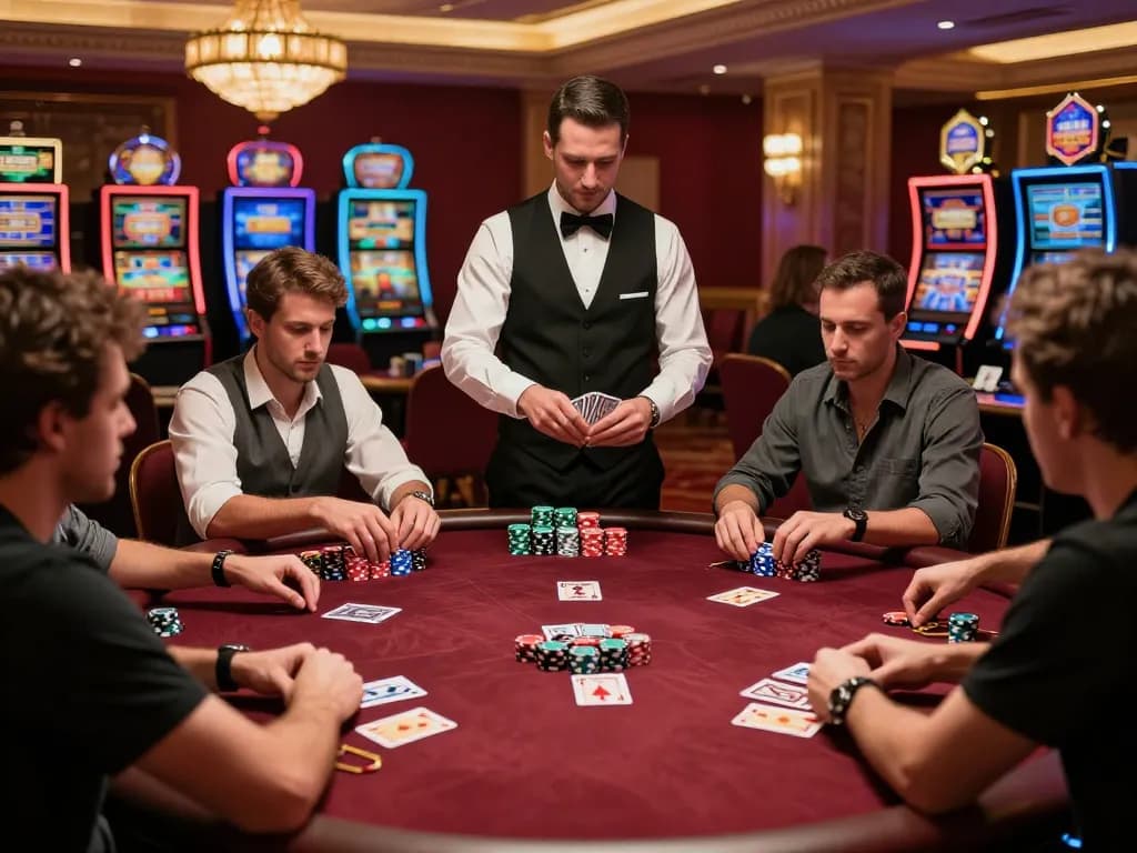 Engaged players at RR88 poker table strategizing during a high-stakes game in a luxurious casino environment.