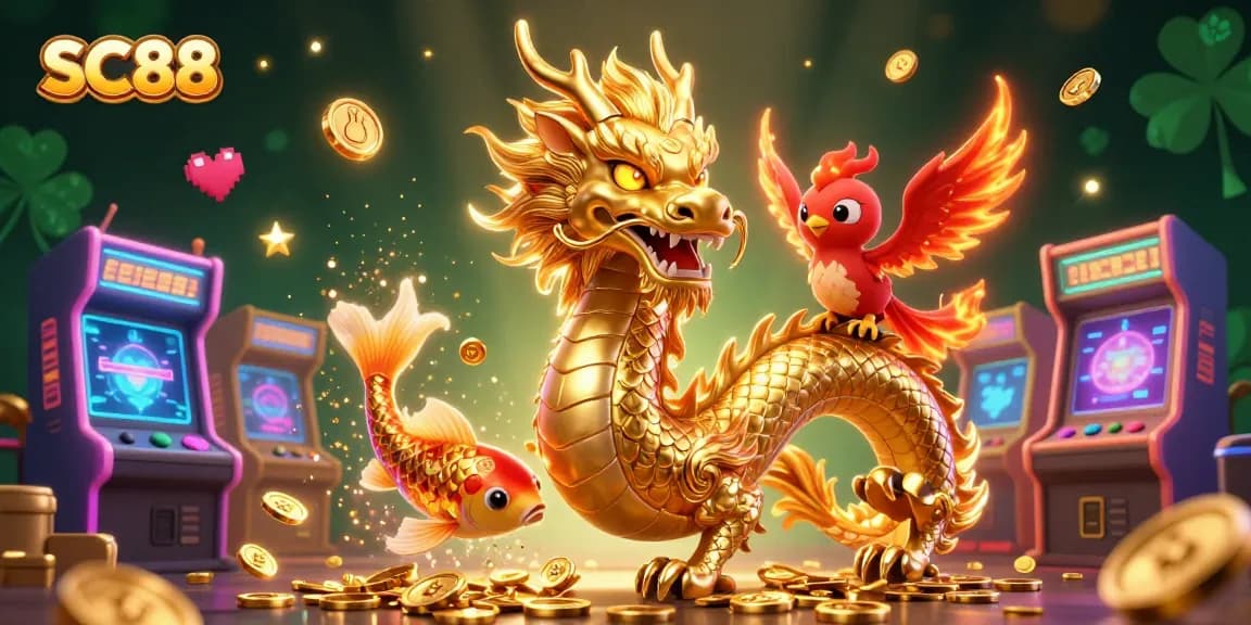 Win big at SC88 with a dynamic scene featuring a fierce golden dragon and lucky koi fish amidst gaming elements.