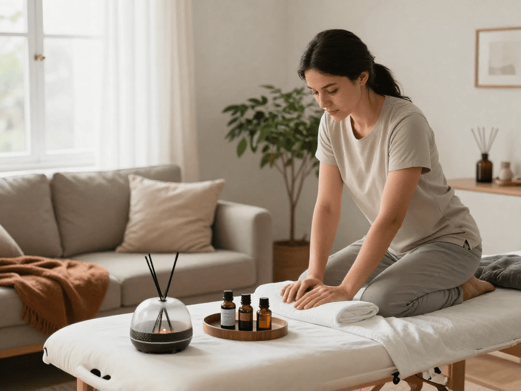 Relaxing 수원출장안마 therapy scene in a cozy living room, professional therapist ready with oils and calming ambiance.