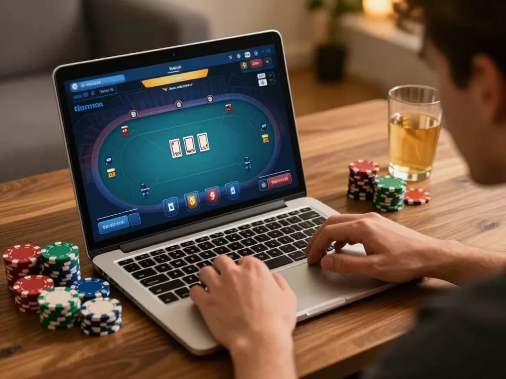 Player engaging in gamebaidoithuong online poker strategy with focused gameplay in a cozy home setting