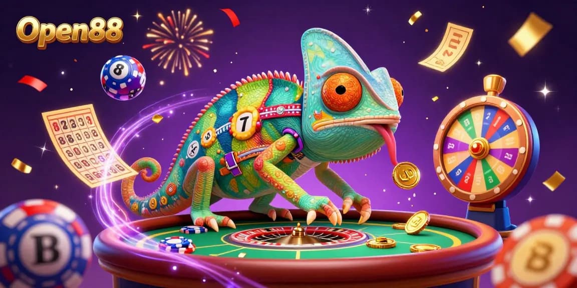 Open88 chameleon casino owner dynamically snatches golden coins amid vibrant game elements.