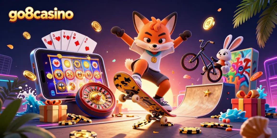 Engage with go8casino's vibrant gaming world featuring dynamic 3D characters and casino elements.