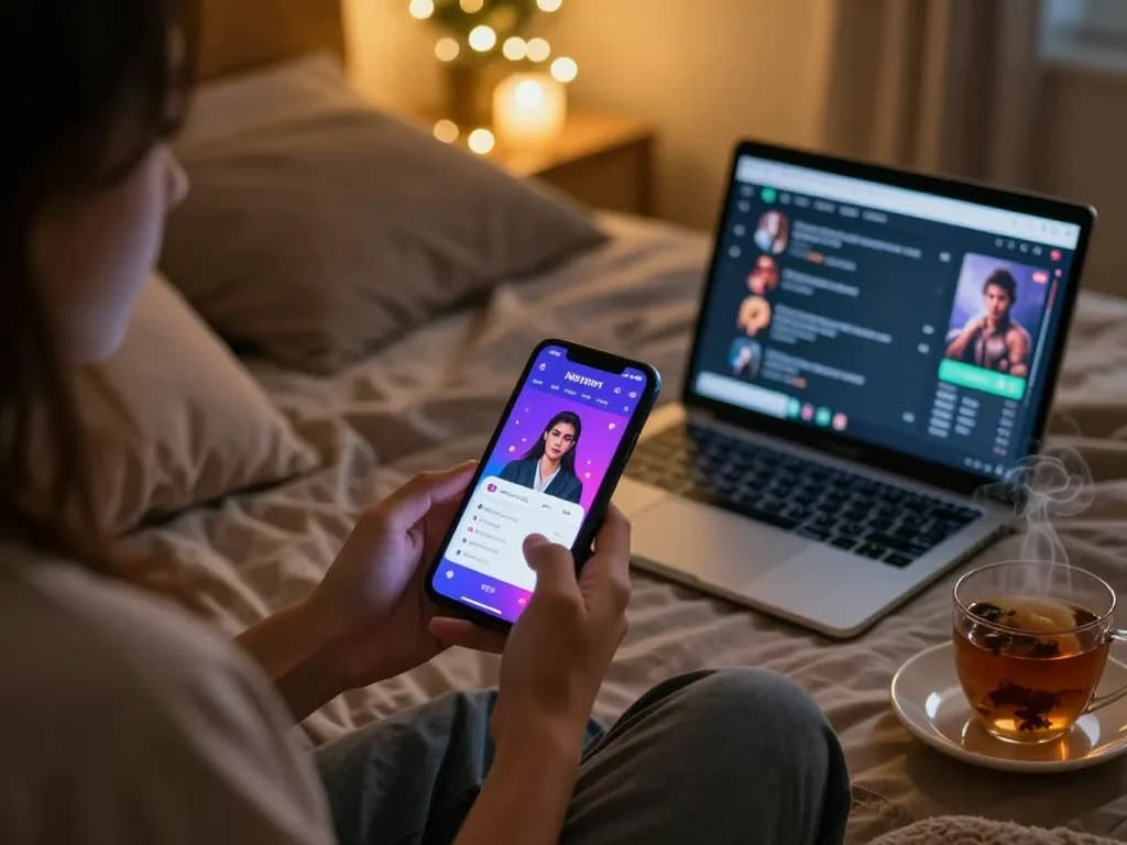 Engaging in an AI porn chat on a smartphone in a cozy bedroom setting.