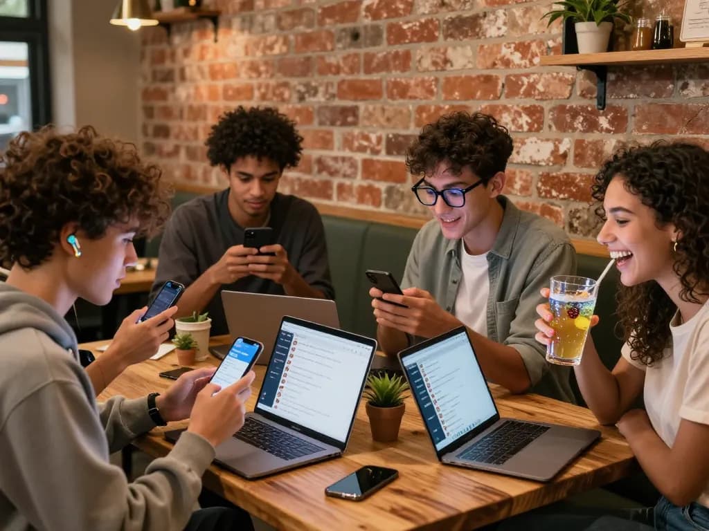 Engaging group using ai chat nsfw in a cozy café setting, illustrating playful digital conversations.