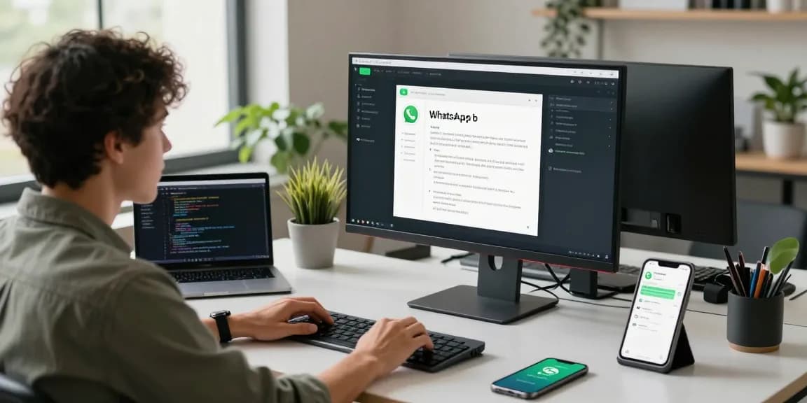 Person using WhatsApp網頁版 on a modern workspace, showcasing digital communication tools and a sleek environment.