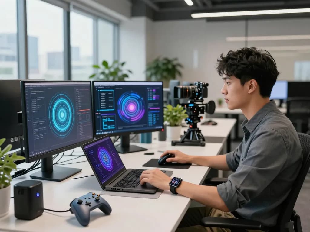 Discover the latest tech gadgets 2089 in a modern workspace with Bluetooth devices.