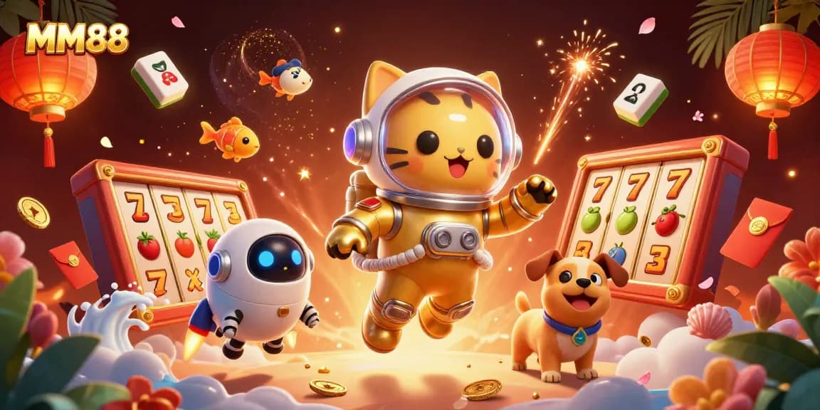 Experience the exciting MM88 jackpot action with the floating astronaut cat and vibrant casino elements.