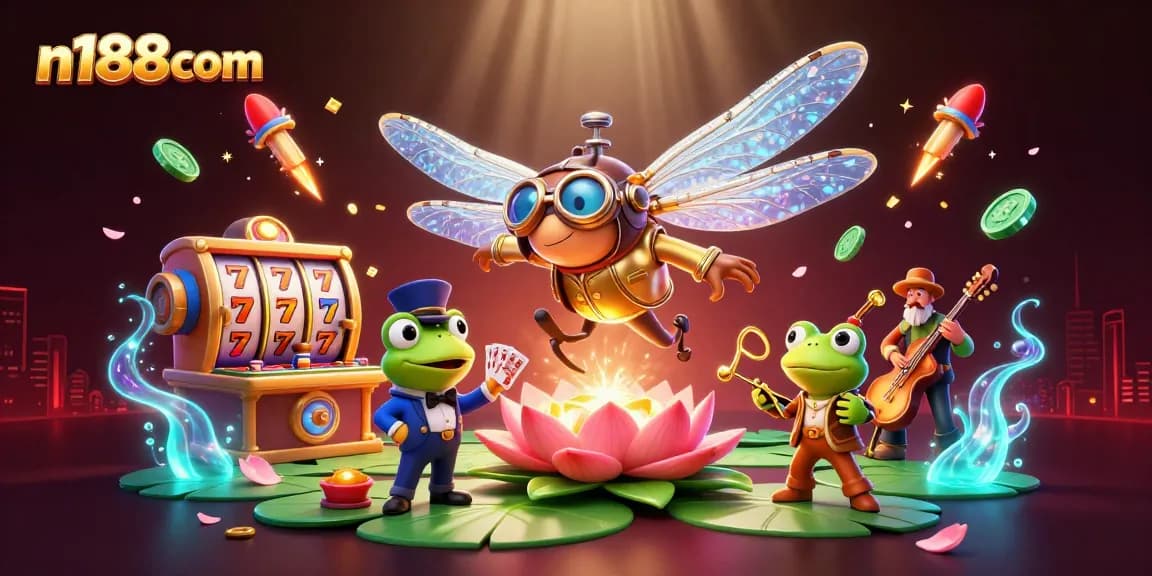 Experience exhilarating gaming at n188com with vibrant visuals of a dragonfly pilot and frog croupier.