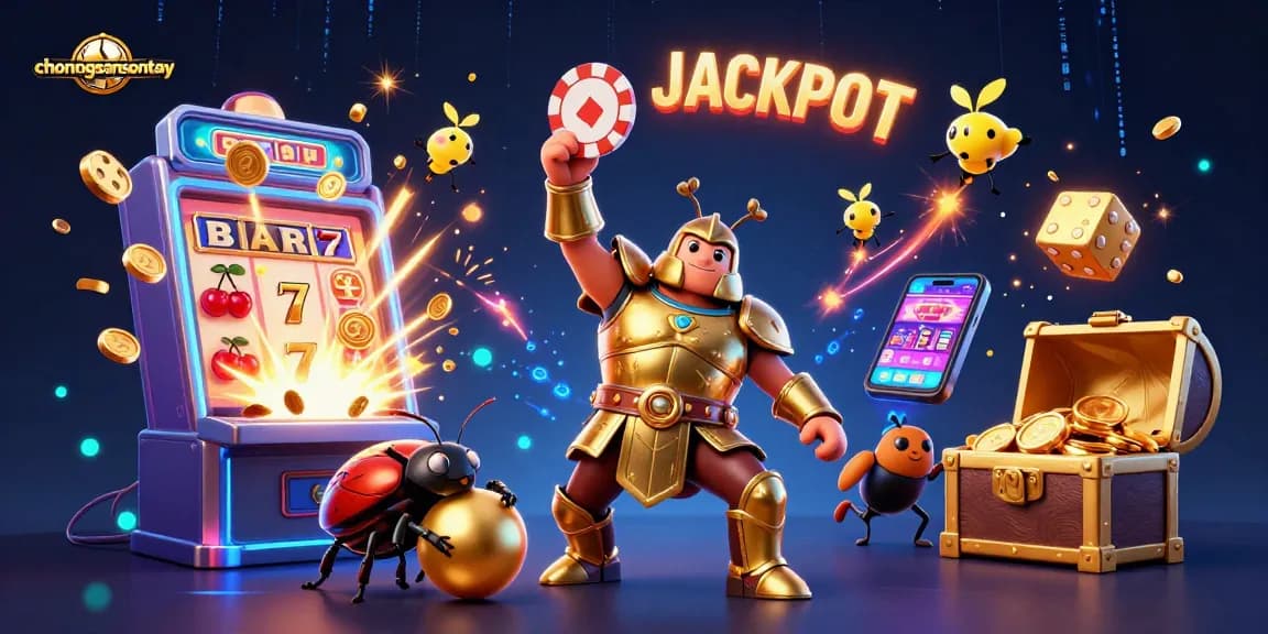 Engage in thrilling gameplay at chonongsansontay with vivid illustrations of beetles winning poker chips amidst a jackpot explosion.