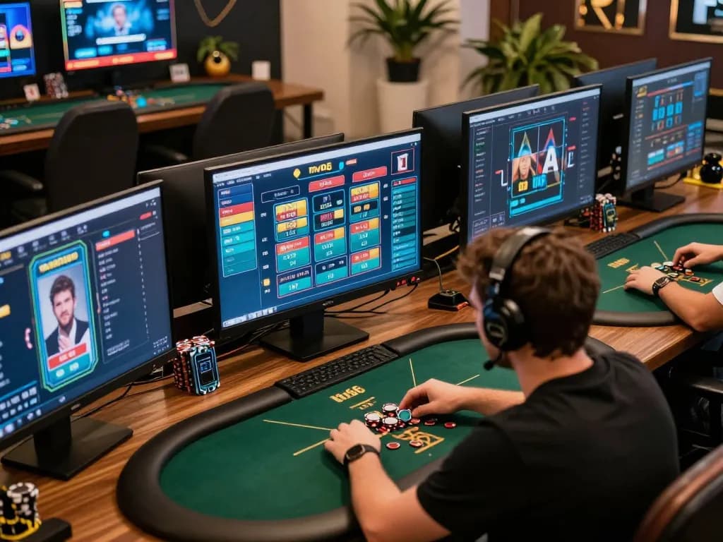 Engaged player using mv66 for online poker and slots at a sleek gaming setup
