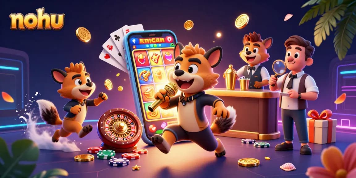 Engage with the thrilling nohu experience in a vibrant casino scene filled with slot games and lively hyenas.