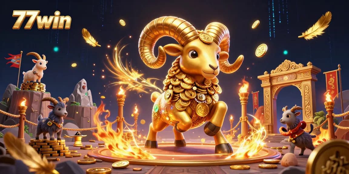 Experience thrilling action with a golden ram charging through the 77win casino gates.