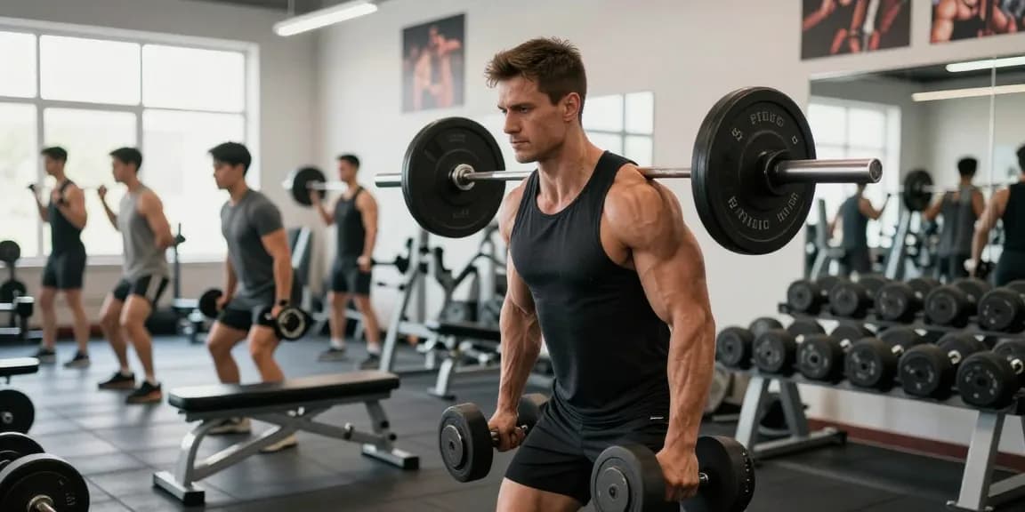 Esteroidesshop muestra el rendimiento del culturismo en una escena dinámica de gimnasio con un atleta levantando pesas.