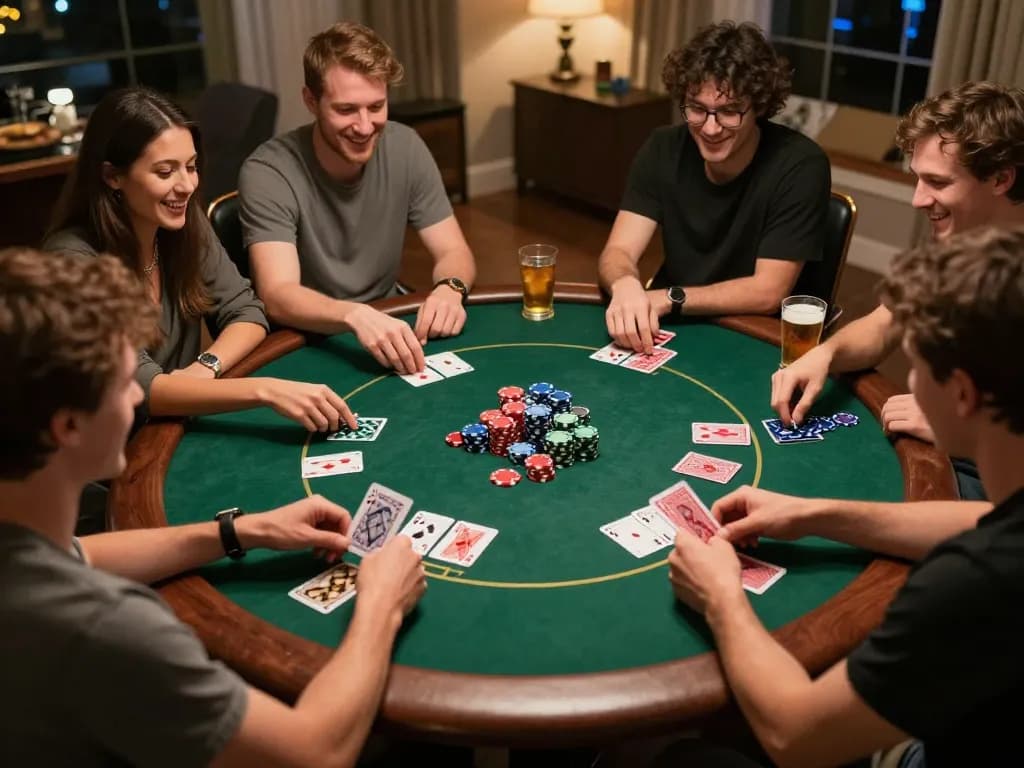 Friends enjoying poker at home while playing qq8827 strategy for fun and excitement.