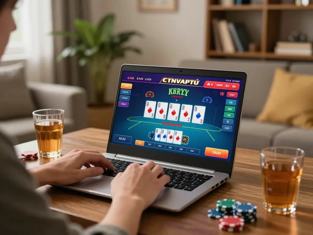 Engaging in online poker games at xx88 from a cozy living room setting.