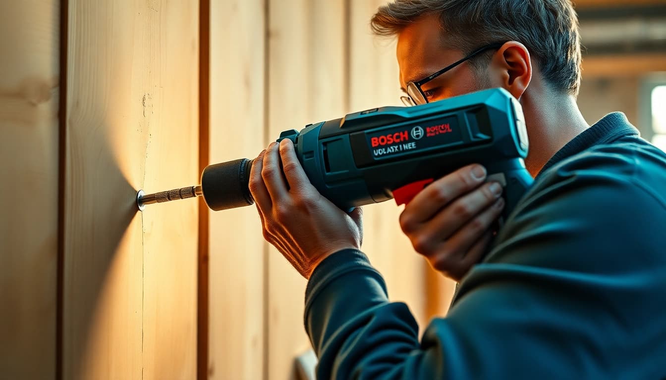 Utilizando el Bosch Uneo Maxx para perforar una pared en un entorno de trabajo, mostrando su eficacia y diseño ergonómico.