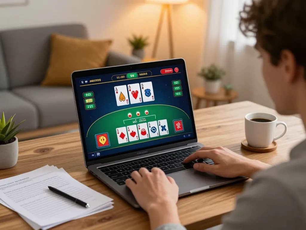 Player enjoying blackjack on laptop at home, showcasing gg88 pro gaming strategies in a cozy environment.