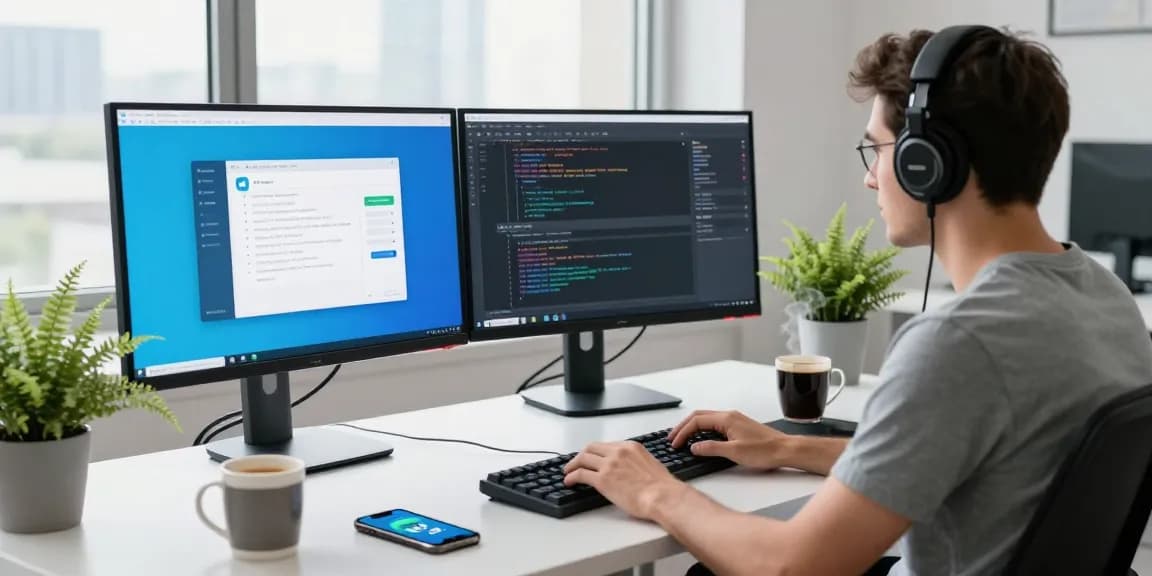 Engaged developer using Telegram Web on multiple monitors in a modern workspace.