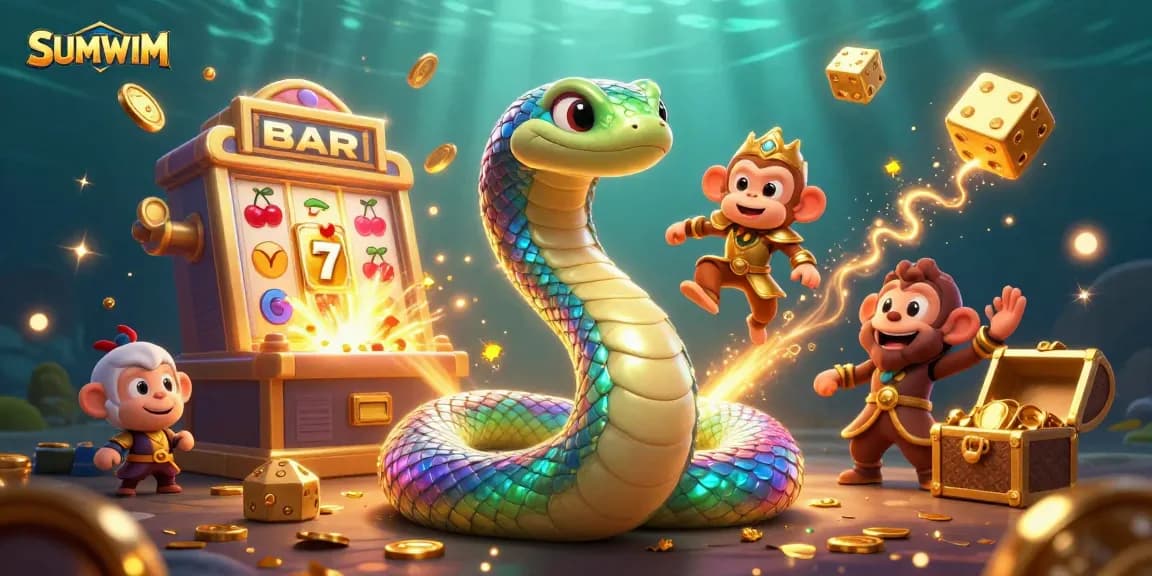 Experience SUMWIM thrills with a vibrant slot machine explosion surrounded by enchanting characters.