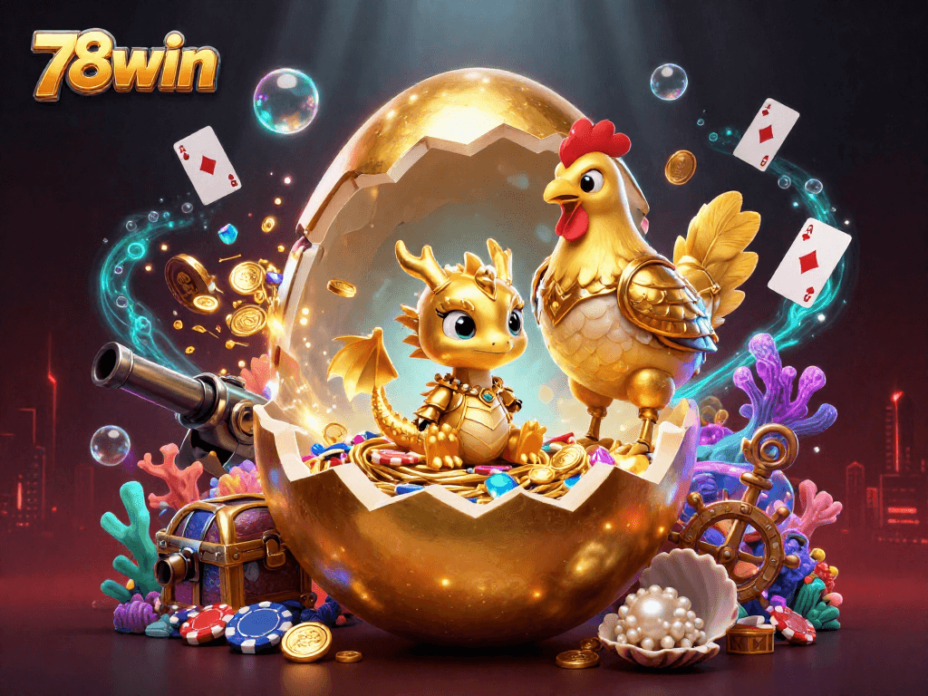 Engage with the 78win experience, featuring a golden dragon amidst poker chips and treasures.