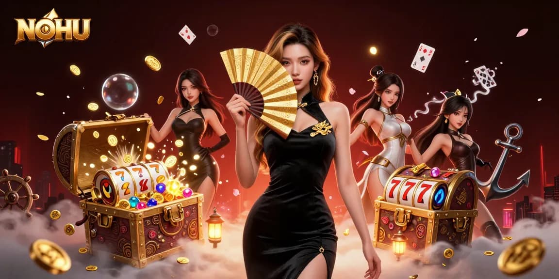 Explore the captivating NOHU game world with a stunning 3D digital illustration showcasing vibrant casino elements.