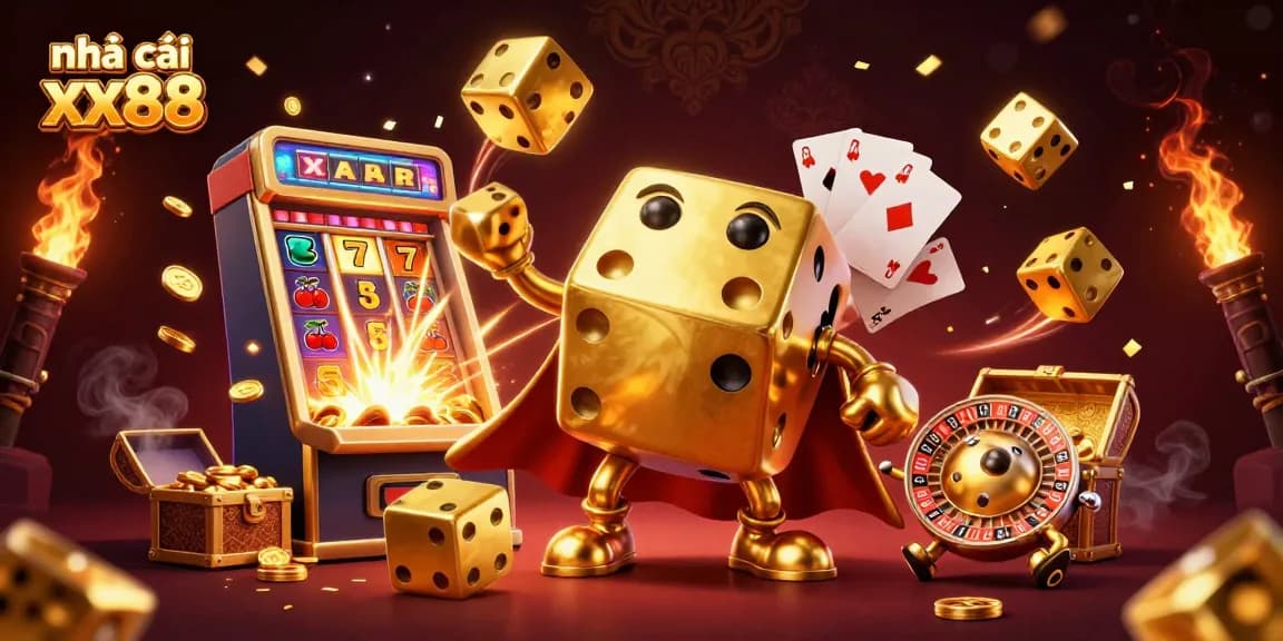 Engage with exciting games at nhà cái xx88, featuring a vibrant casino scene with dynamic golden dice and jackpot elements.
