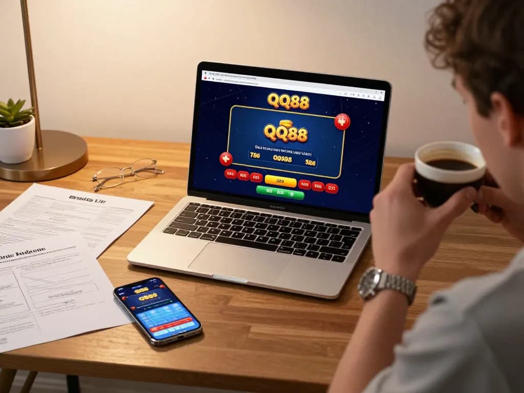 Engaging with QQ88 casino on a laptop in a cozy setup, focusing on responsible gambling strategies.
