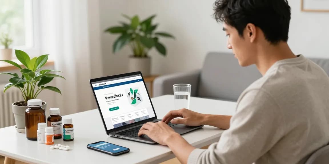 Buying Kamagra online through Remedios24, a customer in a cozy workspace browsing on a laptop, highlighting health and convenience.